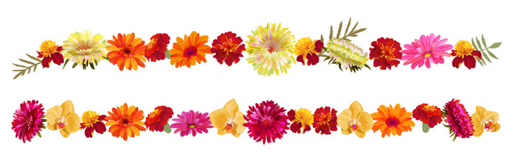 Horizontal border, flowers garlands for Indian religion festive decoration. Panoramic view: aster, chrysanthemum, gerbera, daisy, marigold, orchid. Botanical illustration, watercolor style, vector