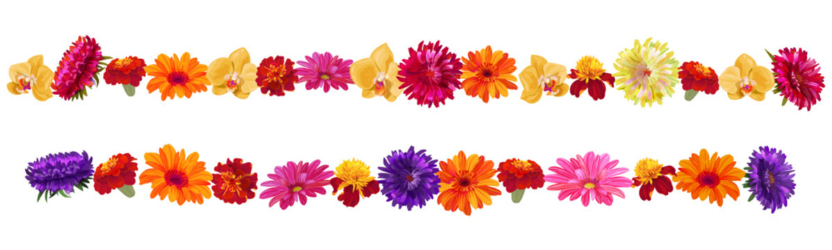 Horizontal border, flowers garlands for Indian religion festive decoration. Panoramic view: aster, chrysanthemum, gerbera, daisy, marigold, orchid. Botanical illustration, watercolor style, vector