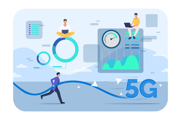 Tiny tech people with 5G elements vector illustration. Cartoon drawing of men with high speed network, futuristic cyberspace. Future, modern technology, internet, telecommunication concept