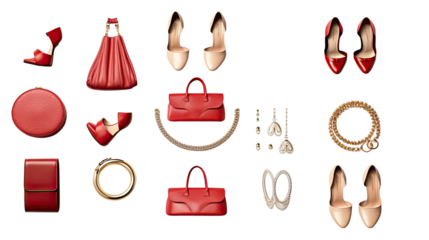 Photo of a stylish collection of women's shoes and purses,transparent background png