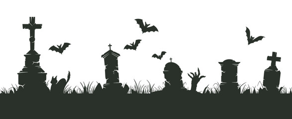 Fototapeta na wymiar Graveyard silhouette border. Halloween spooky cemetery silhouettes, spooky halloween decoration with scary trees and gravestones flat vector illustration