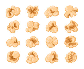 Popping corn set. Cartoon popcorn with salty or sweet flavour, movie watching snack, tasty popcorn shapes flat vector illustration collection