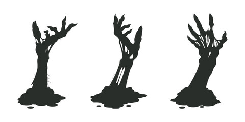 Halloween zombie arms set. Cartoon bony hands sticking out of ground, creepy monsters scrawny hands silhouettes. Zombie arm flat vector illustration collection