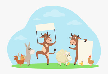 Obraz na płótnie Canvas Cow characters with blank placards vector illustration. Cartoon drawing of livestock characters protesting against breeding, animal rights. Animal care or protection, agriculture concept