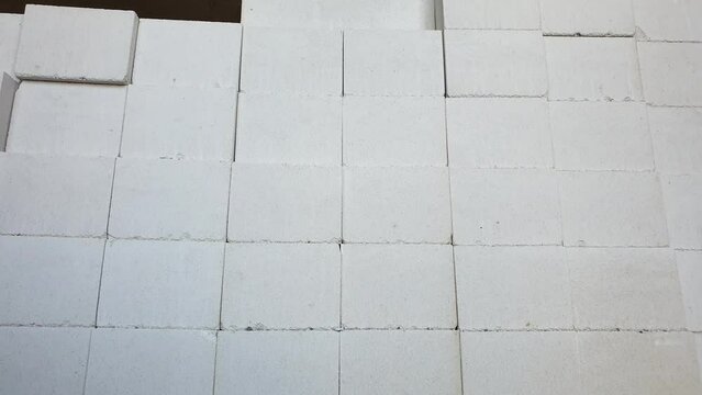 Foam blocks. Aerated concrete blocks. Foam blocks for construction, production of blocks, warehouse for construction.