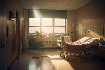 an empty hospital room with the sun shining through the window and bed on the floor in front of the windows