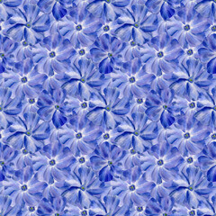Seamless periwinkle blue pattern. Watercolor floral background with blue and violet flower and petals for textile, wallpaper, wrapping