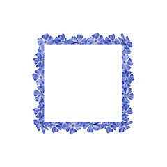 Square frame with periwinkle flowers. Watercolor floral border with blue and violet flower and petals for invitations design, save the date