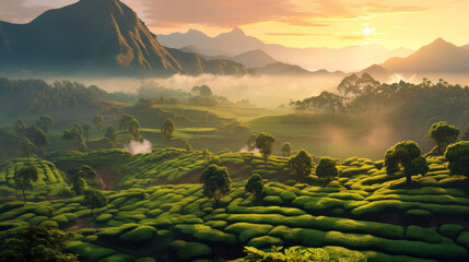 Sunrise in a tea plantation in Malaysia. Generative AI - obrazy, fototapety, plakaty