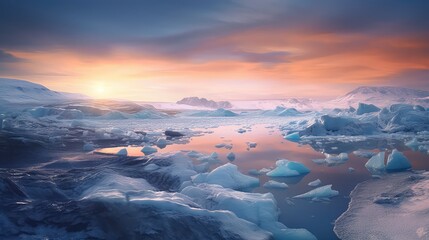 Sunset over the arctic landscape with frozen glaciers