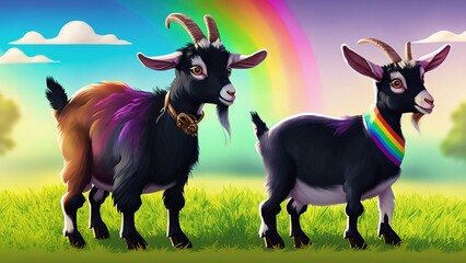 a colorful rainbow background 2 goats in a fields