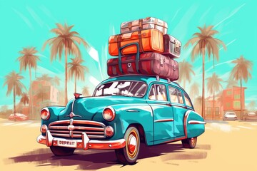 A vintage car loaded with suitcases and luggage on its roof, perfectly packed for an adventurous summer getaway. Generative AI