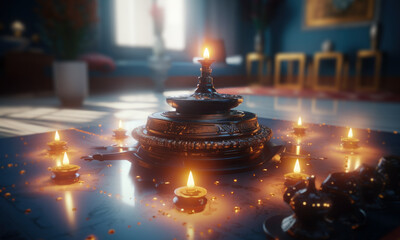 Happy Diwali, Glowing oil lamp - Generative AI