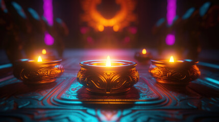 Happy Diwali, Glowing oil lamp - Generative AI