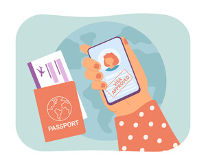 Female hand holding phone with approved visa on screen. Tech worker getting legal document for international employees, passport with boarding pass vector illustration. Visa, traveling, career concept