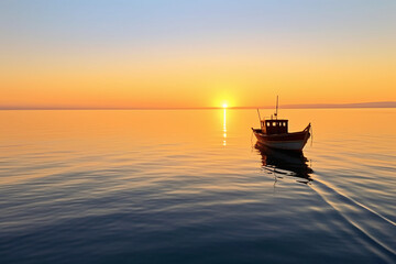 Very low angle photo of the calm serene smooth Mediterranean sea water and boat. AI generative