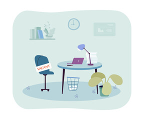 Fototapeta premium Empty office with vacant seat vector illustration. Cartoon drawing of chair with vacant sign, lack of workers, employee shortage. Workforce, business, labor crisis, vacancy, recruitment concept