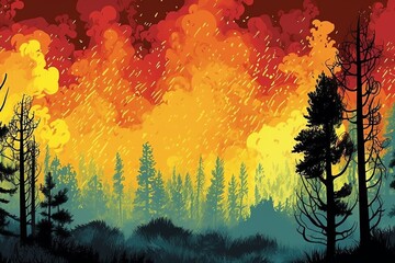 Fototapeta premium Wildfire pop art show an aerial view of a forest wallpaper