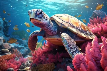 Beautiful underwater view of marine turtle swimming among coral reef