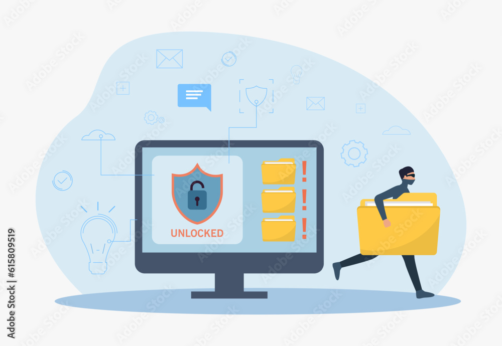 Aufkleber tiny hacker running away from computer with stolen files. monitor with unlocked data on screen, crim