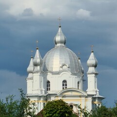 A white building with towers