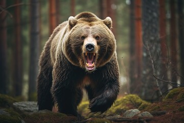 Furious grizzly beat walking in wild forest - obrazy, fototapety, plakaty