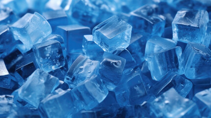 Ice cubes wet with water drops on blue background. Generative AI