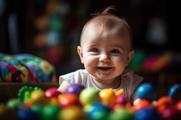 Fototapeta na wymiar Adorable portrait of happy baby girl playing with toys at home