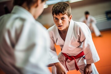 Teenage boys practicing judo techniques during lesson