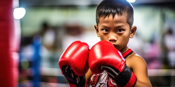 Vietnamese boy practicing box. Headshot with copy space
