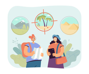 Friends with map choosing trip destination vector illustration. Cartoon drawing of women going to tropical country, mountains or Egypt. Traveling, vacation, summer, choice, journey concept