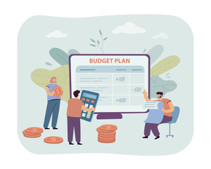 Tiny people managing personal finances vector illustration. Office workers analyzing budget plan on screen, calculating expenses and counting money. Budget bookkeeping, finance management concept