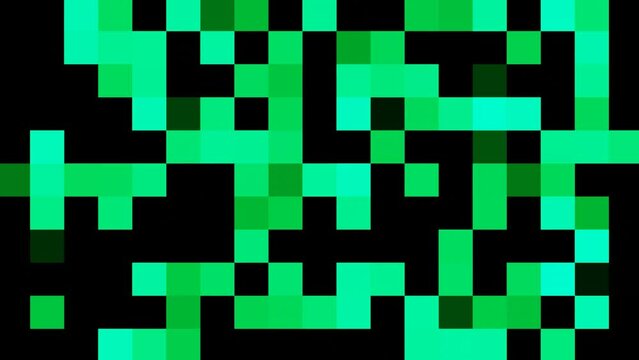 Abstract retro animation in the style of 8 bit green pixels on black background. 3d motion render graphic backdrop