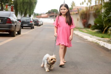 child girl walking her dog, pet, shih tzu, walking, stroll, companion, friendshi