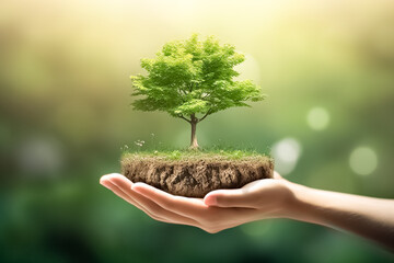 Fototapeta na wymiar Hand holdig big tree growing on green background. Concept eco, environment.