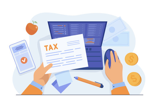 Hands holding tax bill vector illustration. Man checking expensive utility bills online, using banking app on laptop and smartphone. Personal finances management, economy concept