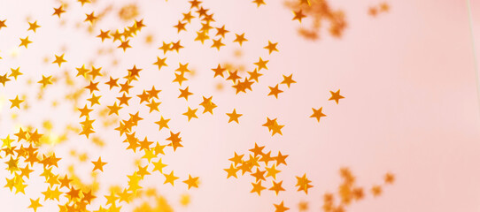Stylish pink background banner and blank confetti. Festive glitter in the shape of stars
