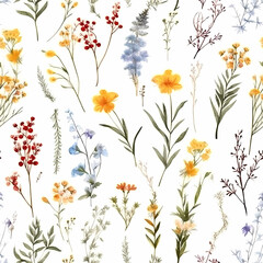 Fototapeta na wymiar Floral seamless pattern with abstract wildflowers, plants and delicate branches, watercolor isolated on white background for textile. Generative ai.