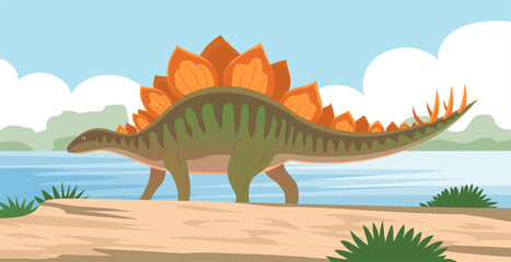 Stegosaurus with spikes on the tail. Herbivorous dinosaur of the Jurassic period. Prehistoric wildlife landscape. Cartoon illustration