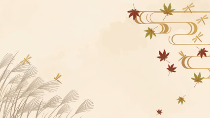 紅葉とススキととんぼがモチーフの和風の水彩風背景イラストフレーム © Kei A