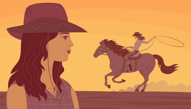 Beautiful cowboy girl in a hat rides a horse. Athletic agile woman swinging rope lasso. Young women. Wild West landscape, western, rodeo and horse racing. Cartoon vector illustration