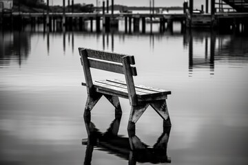 Black and white photo of park bench during flood. Generative AI