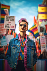 Non binary person walking in the streets for pride march. Generative AI