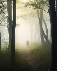 a person walking down a path in the woods on a foggy forest trail, with trees and grass all around