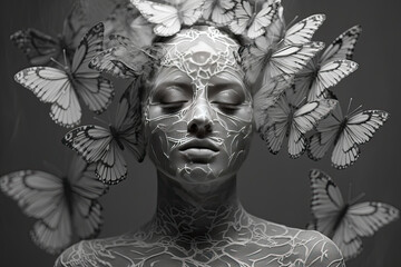 a woman's face with butterflies on her head and the image is black and white, as if it looks like a butterfly
