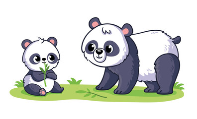 Panda with a cub is sitting on a green meadow. Vector illustration with animals.