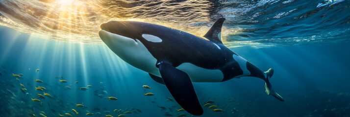 Orca Killerwhale traveling on ocean water, generative ai