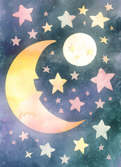 illustrazione generative ai con spicchio di luna e stelle su cielo blu scuro - obrazy, fototapety, plakaty