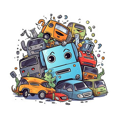 Obraz na płótnie Canvas Cartoon illustration, junkyard electronic waste , cute robot unhappy bad moody Generative Ai