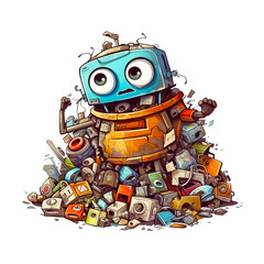Fototapeta na wymiar Cartoon illustration, junkyard electronic waste , cute robot unhappy bad moody Generative Ai